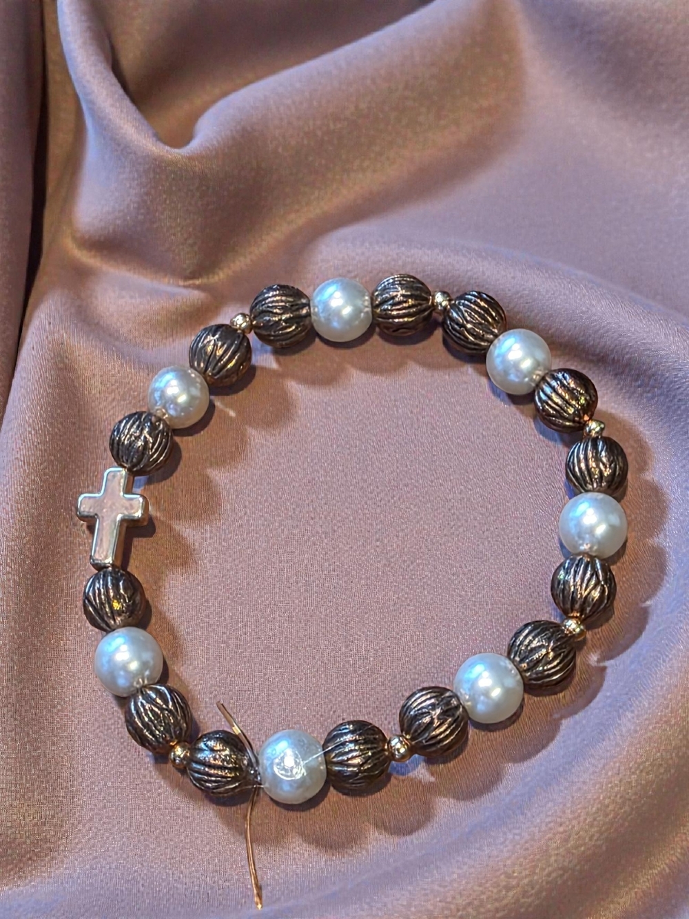 Handmade Style and Stone Pearl Bronze Textured Cross Bracelet